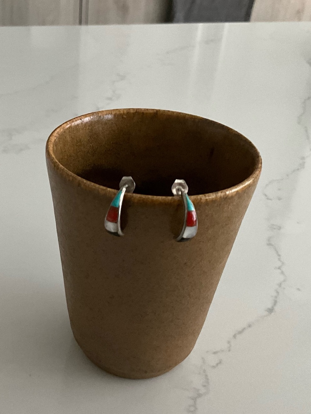 Mexican Sterling Silver Turquoise & Red Inlay Hoop Earrings - tiny, beautiful